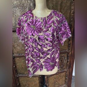 Milly pink and gold Sequin Floral Short Sleeve Top M